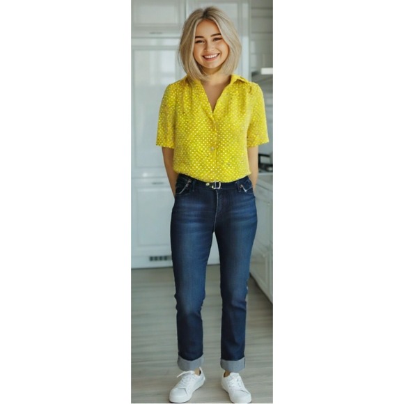 Vintage Russ Polka Dot Blouse Button up Collar Short Sleeve Yellow Size SMALL - Picture 1 of 8